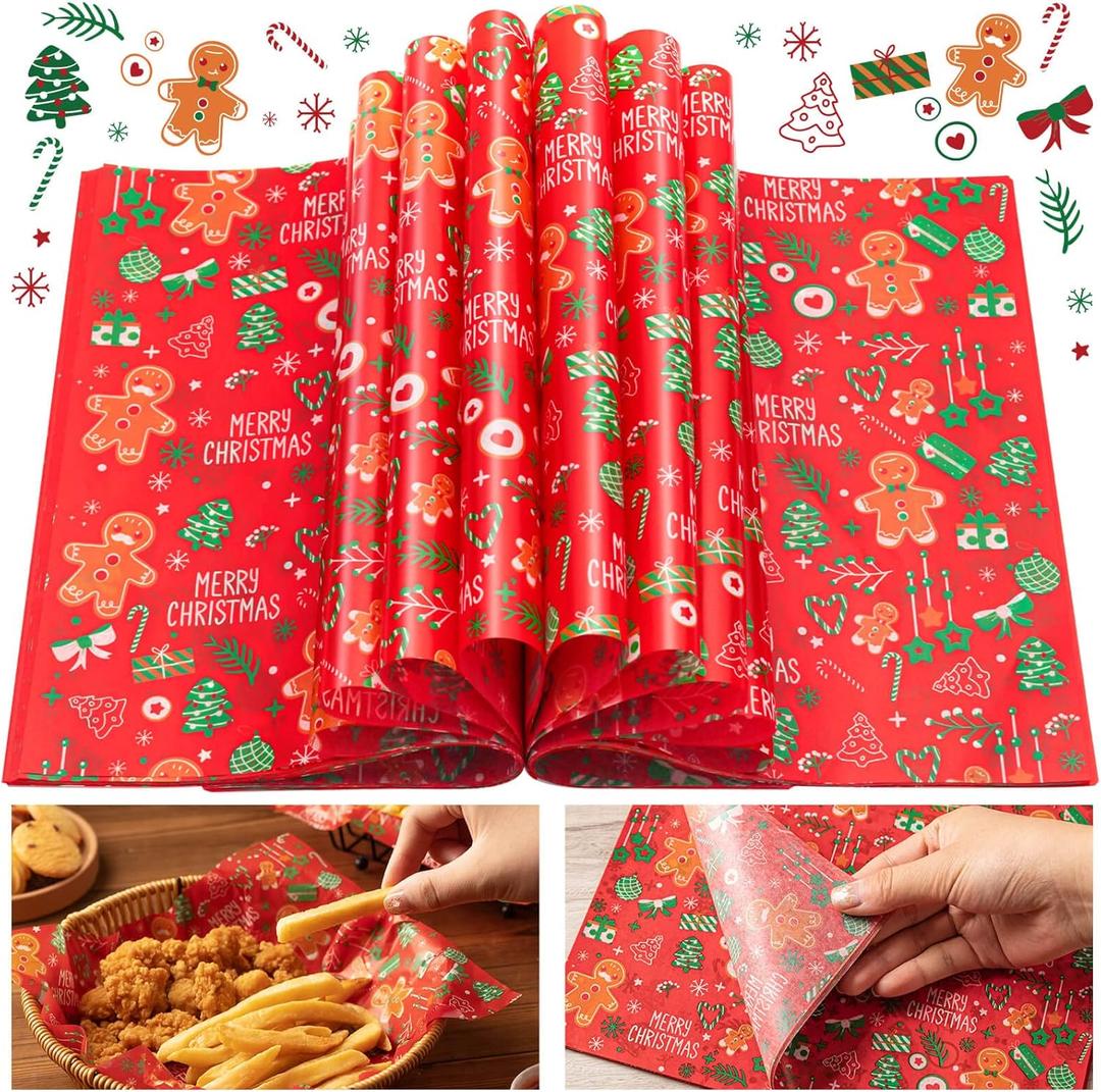 100 Pcs Christmas Wax Paper for Food, Wax Paper Sheets Deli Paper Sandwich Wrap Candy Cookies Wraps, Waterproof Oil-proof Picnic Basket Liners for Kitchen Handmade Food (Red biscuit)