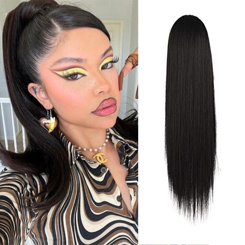 BARSDAR Short Straight Ponytail Extension - 14 Inch Drawstring Black Ponytail Hair Extensions for Women - Synthetic Fake Pony Tails Hairpieces Clip in Straight Ponytails Daily - Natural Black