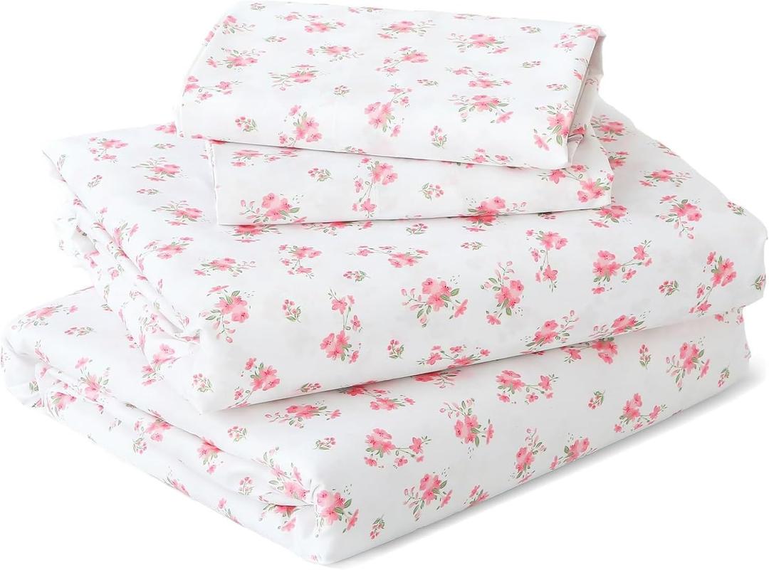 MUXHOMO Queen Size 4 Piece Sheet Set, Soft Breathable Bed Sheet Set for Bedroom with Deep Pocket Up to 16", Wrinkle-Free & Cooling Bedding for Oeko-TEX Certified - Blossoms Pink