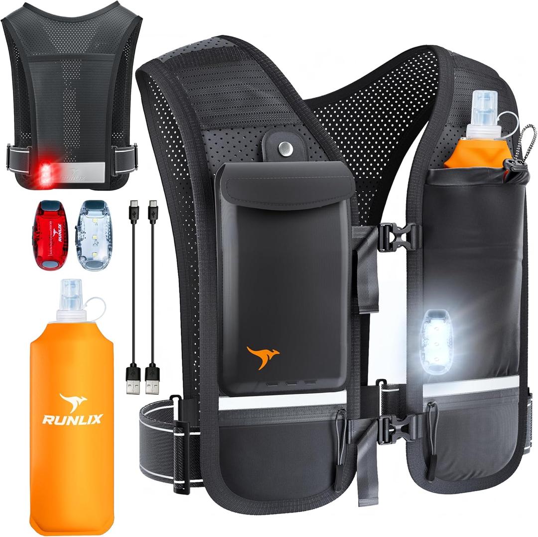 Running Vest for Women Men - Reflective Running Hydration Vest with 500ml Soft Water Bottle, Phone Holder, 2 LED Lights USB Rechargeable - 7 Pockets Runners Backpack Trail Jogging Marathon