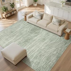 WITSHOCK 9x12 Area Rug, Washable Rugs for Living Room, Large Rug Thin Carpet Non Slip Stain Resistant Soft Carpets, Modern Wave Striped Rugs for Bedroom Dining Room Office Kitchen Nursery, Green