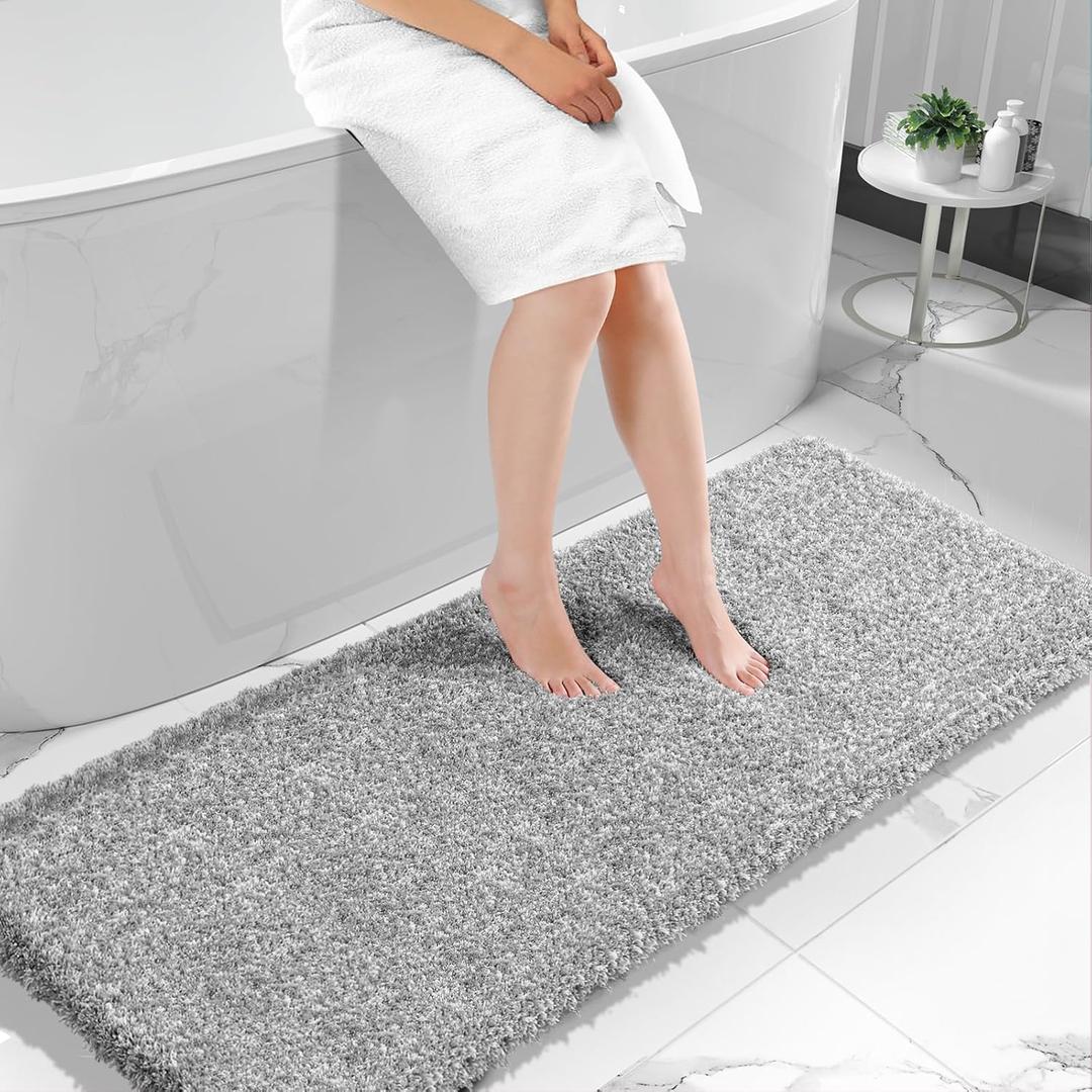 Yimobra Bathroom Runner Rug Non Slip 70"x 24", Super Absorbent Bath Rugs, Quick Dry, Luxury Extra Long Shaggy Fluffy Bath Mat for Double Vanity & Tub Side, Machine Washable, Light Gray and White