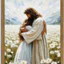 Framed 3D Textured Jesus Embracing Woman Wall Art, Jesus Hugging Woman Wall Decor Hand Drawn Sandstone Religious Christian Bible Painting Pictures for Bedroom, Living Room, Prayer Room, 12x16 In, Wood Framed (Color Jesus Embrace)