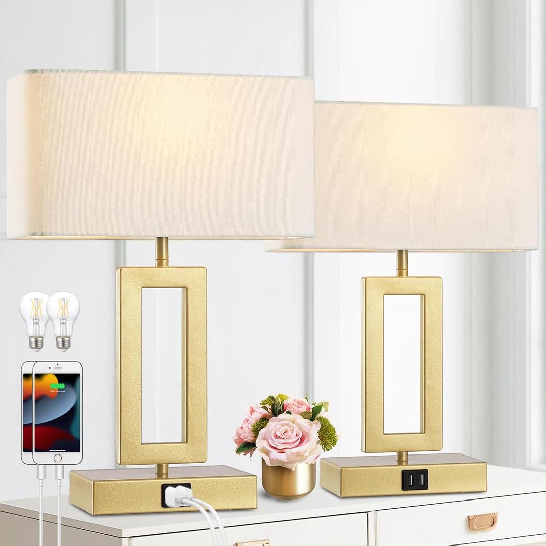 gernehop Gold Table Lamps Set of 2 with Dual USB Ports,3-Way Dimmable Touch Control Bedside Lamps,Modern Bedroom Table Lamp for Living Room,Nightstand LED Bulbs Included
