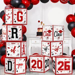 OHOME 8 Pack Graduation Decorations 2026 - Graduation Party Decorations 2026 - Balloon Boxes for Class of 2026 Party Favors Supplies - Yard Signs Banner Backdrop Decor (Red)
