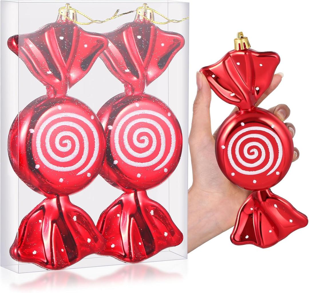 Aoriher 2 Pcs 7.6" Large Candy Cane Ornaments Christmas Tree Peppermint Decorations Hanging Candy Ornaments Glitter Christmas Picks with Golden Ropes for Xmas Party Decorations (Red)