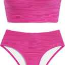 ZAFUL Womens Bandeau Bikini Set Strapless Textured Two Piece Lace up Bathing Suits High Waisted V-Neck Swimsuits (Medium, Hot Pink)