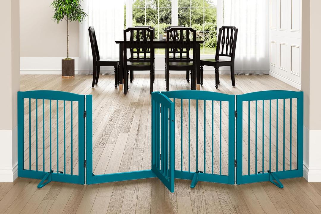 PUPETPO Freestanding Dog Gate with Door, Pet Gate for Stairs, 80 inch Wide Pet Barrier Indoor, Dog Fences Indoor, Support Feet Included, 4 Panels, 24" Tall, Blue
