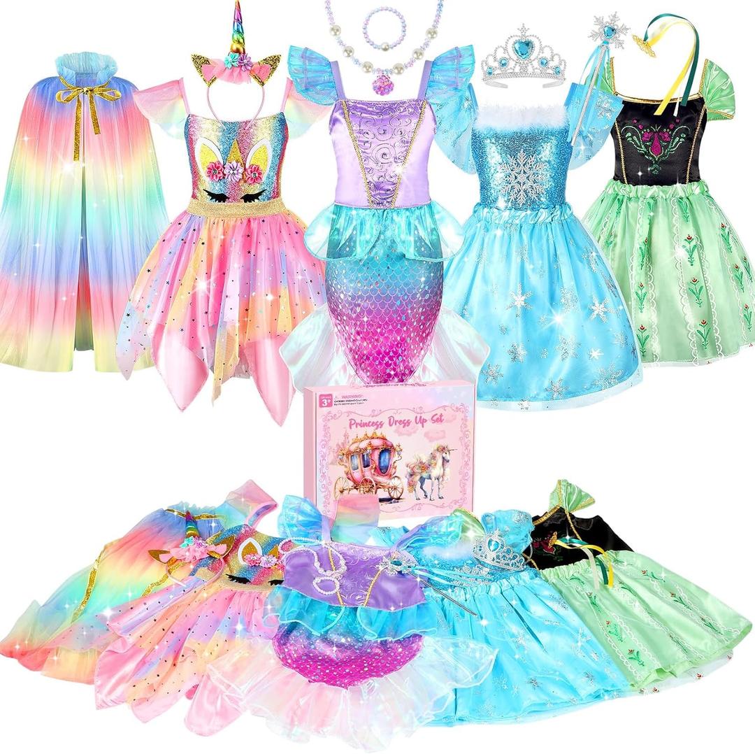HAMSILY Princess Dress Up Clothes for Little Girls: Princess Costume for Girls Toddler, Unicorn Costume & Mermaid Costume, Girl Toys Age 3 4 5 6 Year Old Girl Birthday Gifts with Cape, Jewelry, etc