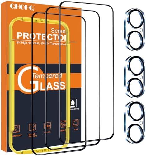QHOHQ for iPhone 16 Plus Screen Protector with Camera Lens Protector, [Military Grade Shatterproof], Top 9H+ Tempered Glass, Full Edge Coverage, Ultra Durable, with Easy Installation Tool [12+12Pack]