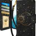 Toycamp for Samsung Galaxy S21 FE Wallet Case with Wrist Strap - Leather Flip Folio Cover with RFID Blocking 4 Card Slots Galaxy S21 FE 5G Cute Aesthetic for Women Lady, Black Sun Moon