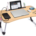 Slendor Lap Desk with Tablet Slot, Foldable Laptop Table with Storage Drawer for Bed，Portable Bed Desk for Laptop, Computer Tray with Cup Holder Notebook Stand Reading Holder for Couch Floor, Walnut, Brown 