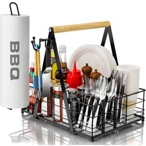 GUIBUKEYAN Grill Caddy with Paper Towel Holder, Picnic BBQ Condiment Utensil Organizer Caddy for Camping, Rv, Camping Accessories, Camping Essential, Camper Must Haves, Barbecue Tool Sets