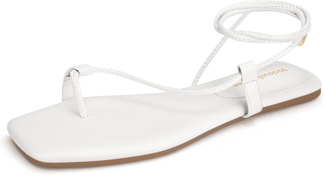 Women's Lace Up Sandals Strappy Flats Gladiator Wrap Flip Flop Tie Open Ring Toe Summer Shoes (8, White)