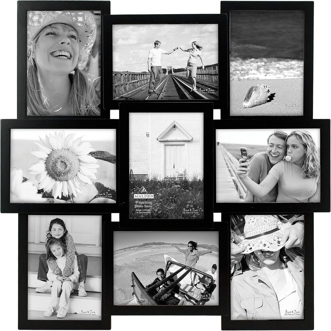 Malden International Designs 5 x 7 9-Opening Dimensional Collage Photo Wall Frame, Black