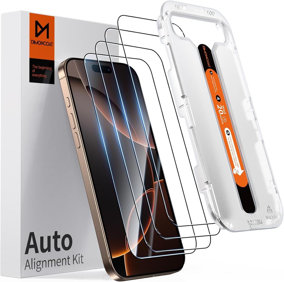 DIMONCOAT 4-Pack TOP 9H+ Glass for iPhone 16 Pro Screen Protector 6.3"[Auto Alignment Kit] [10X Military Protection] UNBREAK Tempered Glass Flim for iPhone 16 Pro 6.3 inch Case-Friendly (HD Clear)