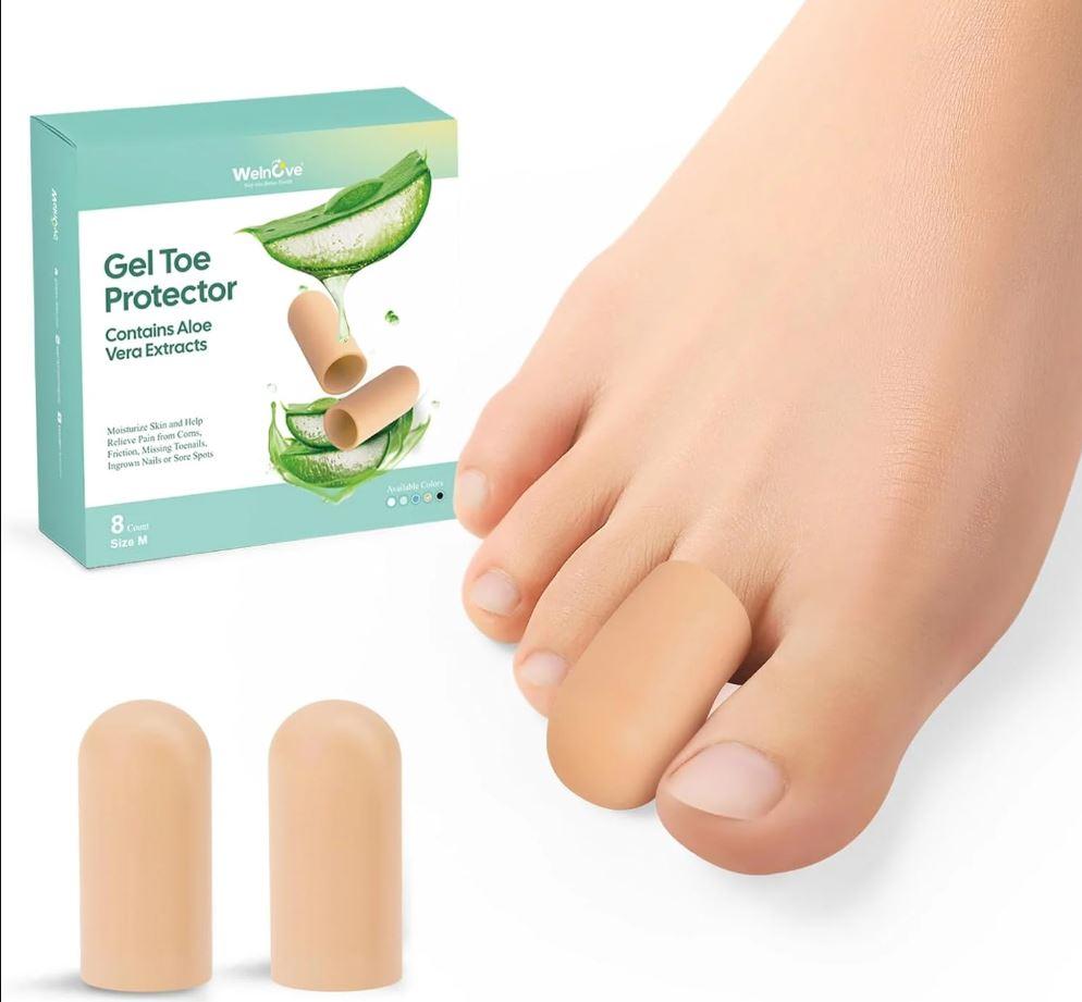 Welnove Gel Toe Cap and Protector - Silicone Toe Covers - Toe Cushions for Pain Relief, Missing or Ingrown Toenails, Corns, Calluses, Blisters