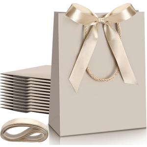Silkfly 12 Pcs Paper Gift Bags with Handle 9x7x3.15'' Thank You Gift Bags with Bow Ribbon for Holiday Valentines Wedding Bridal Baby Shower Birthday Party (Champagne)