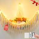 Stuffed Animal Hammock with 75LEDs, Extra Large 55in Toy Storage Macrame Hammock, Hanging Toy Net for Kids Bedroom Doll Room Corner Organizer, USB Plush Toy Hammock with Remote(XL) (Beige)