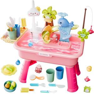 2026 Upgraded Water Table for Toddlers 1-3, Kids Mini Play Sink Toys with Running Water & Electric Pump, Kitchen Sink Sensory Toy, Fishing Game Outdoor Water Play Table for Kids Ages 4-8, Pink