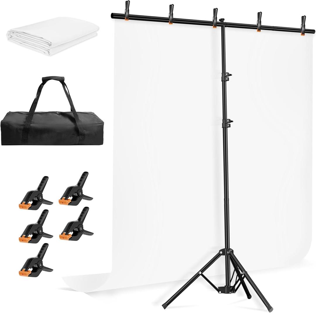 EMART 5 * 6.5ft White Photo Backdrop with Stand Kit for Photography Video StudioWhite Screen Photoshoot Background Curtain with T-Shaped Portable Backdrop Stand Carrying Bag 5 Clamps