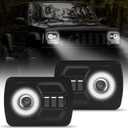 2Pcs Rectangle 57 76 Inch LED Headlights with Halo DRL & Turn Signal High/Low Beam,Compatible With Cherokee XJ Wrangler YJ GMC Dodge Kenworth T300 Replacement H6054 H5054 6052 (White Halo)