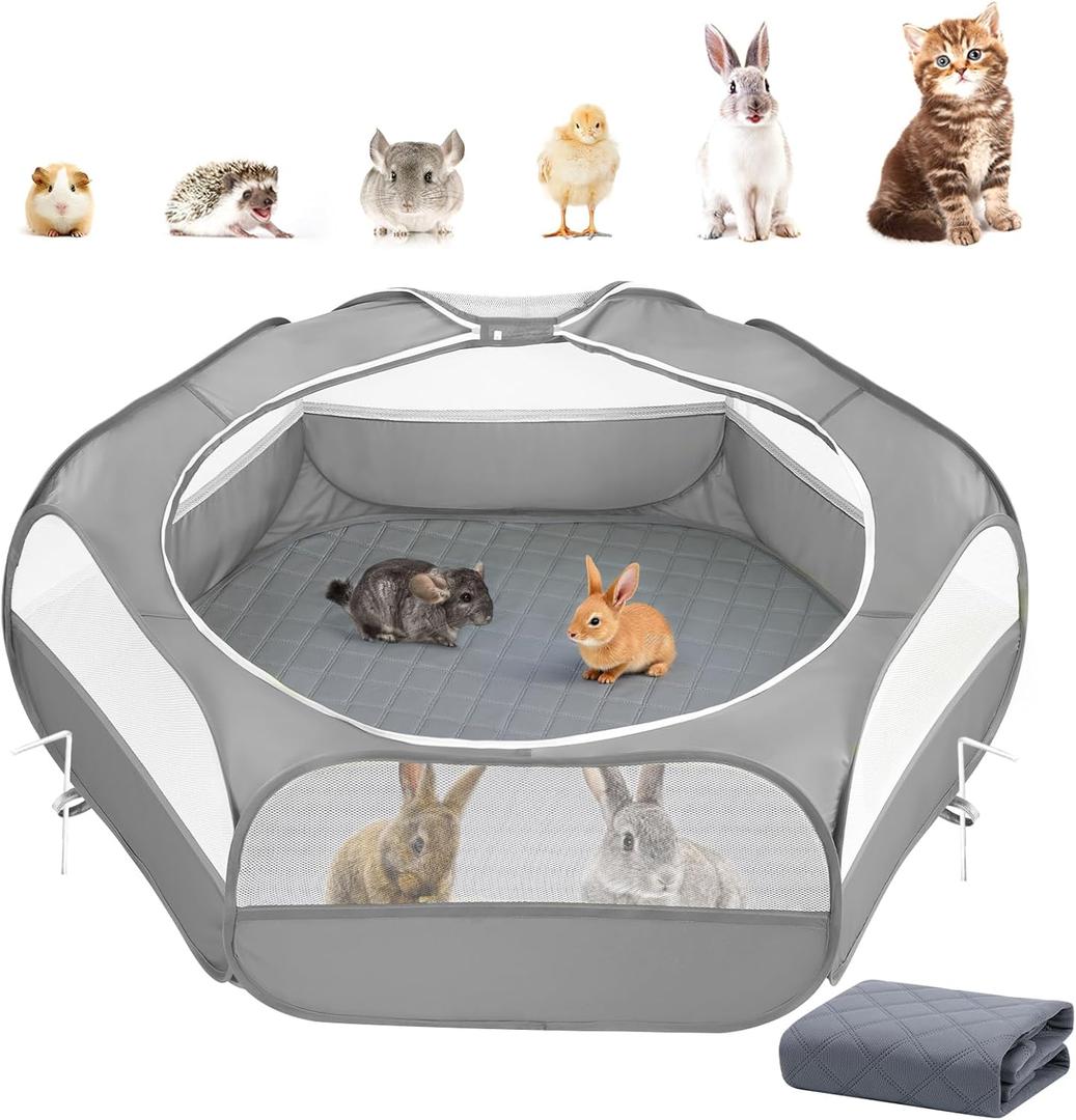 2-in-1 Small Animals Playpen with Pad, Waterproof Small Pet Cage Tent with Reusable Pad, Portable Outdoor Yard Fence with 3 Metal Rod for Chick/Kitten/Puppy/Guinea Pig/Rabbits/Chinchillas, Gray