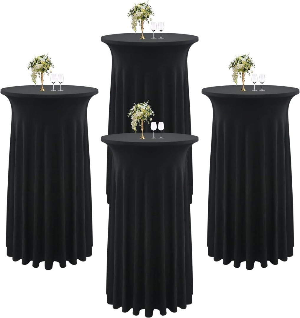 4 Pack Black Round Spandex Cocktail Table Skirt | 24"x43" Stain & Wrinkle Resistant for Wedding, Party & Banquet
