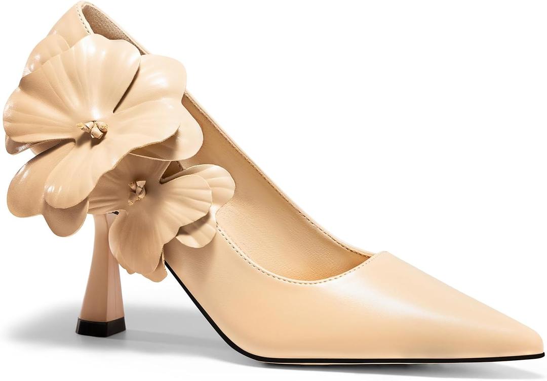 Coutgo Womens Stiletto High Heels Flower Dress Shoes Closed Pointed Toe Slip on Wedding Party Formal Pumps (Beige)
