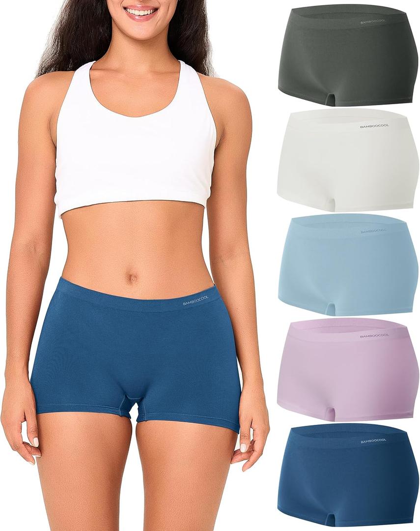 BAMBOO COOL Seamless Boyshort Underwear for Women Mid Waist Stretchy Panties Moisture Wicking Boxer Briefs 5 Pack (L)