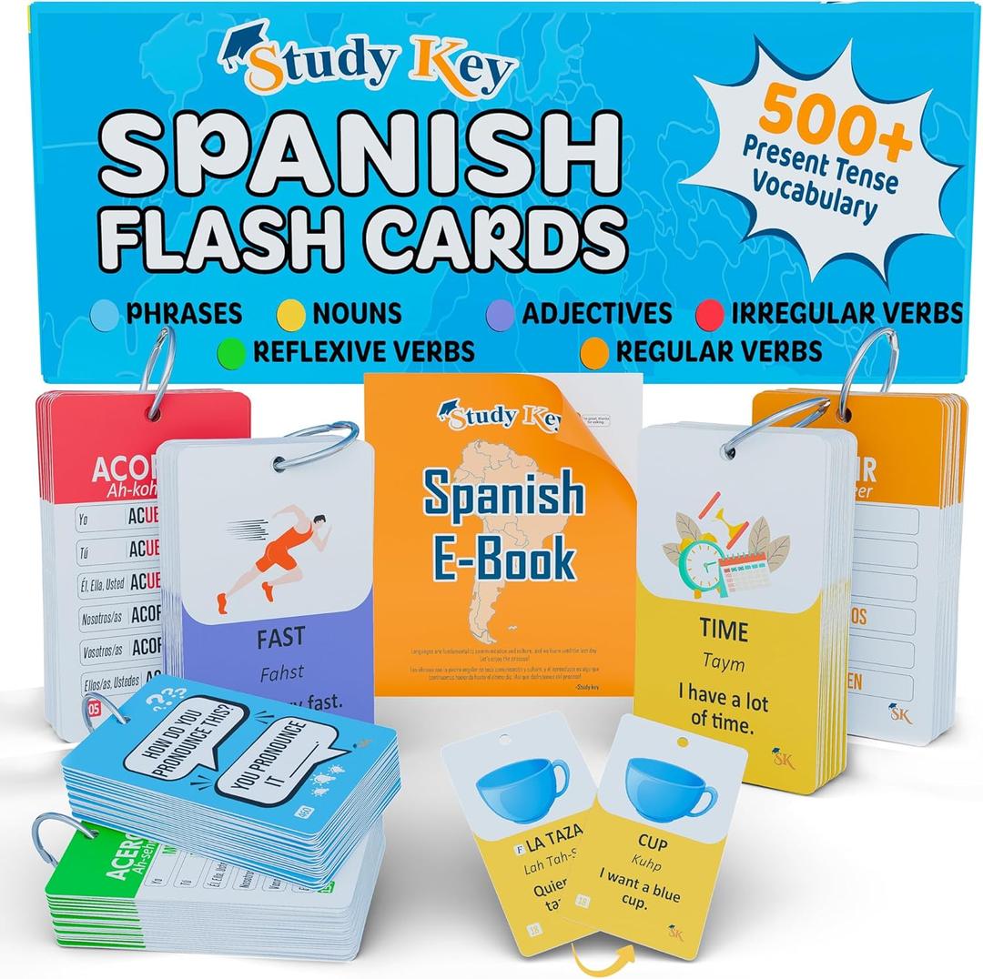 500+ Spanish Vocabulary Flash Cards for Adults & Kids Ages 15+ - Verb Conjugation, Nouns, Adjectives & Phrases to Learn Spanish for Adult Beginners Flashcards