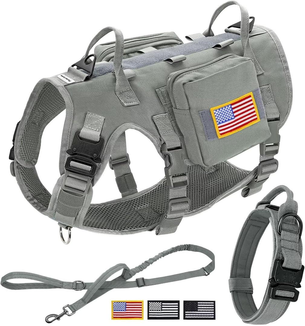 Forestpaw Tactical Dog Harness for Large Dogs, Tactical Dog Collar with Bungee Leash Set, No Pull Military Dog Harness for Walking Training, Adjustable for Medium Large Dogs, Gray, Chest 22-35"