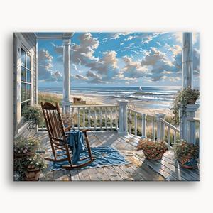 Leidea Paint by Numbers Kit, Seaside Overlook, 20x16 inches, Acrylic on Linen Canvas (Frame)