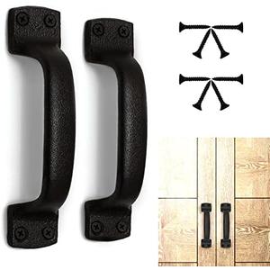 Keponbee Rustic Barn Door Handles Black Cast Iron Gate Handle Vintage Metal Solid Heavy Duty Sliding Door Handle Fence Cabinet Pull Grab Handle, Set of 2, 7 Inch