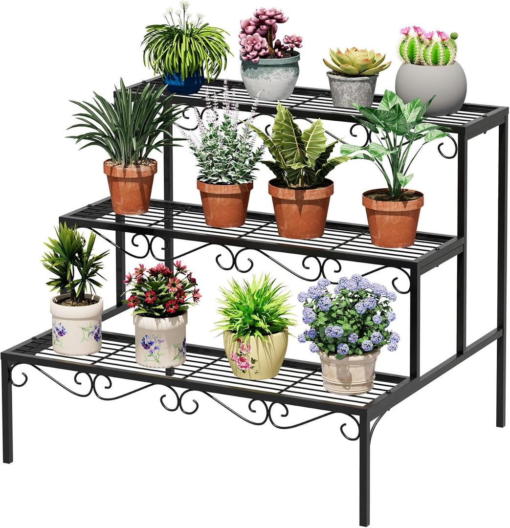 Plant Pot Stand Shelf, 3 Tier Flower Ladder Display Rack, Metal Succulent Plants Storage Holder for Outdoor and Indoor, Black