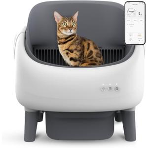 Open-Top Self Cleaning Litter Box, Automatic Litter Box with Dual Safety Sensors, Anti-Pinch Protection, Large Capacity, APP Control, White-Grey
