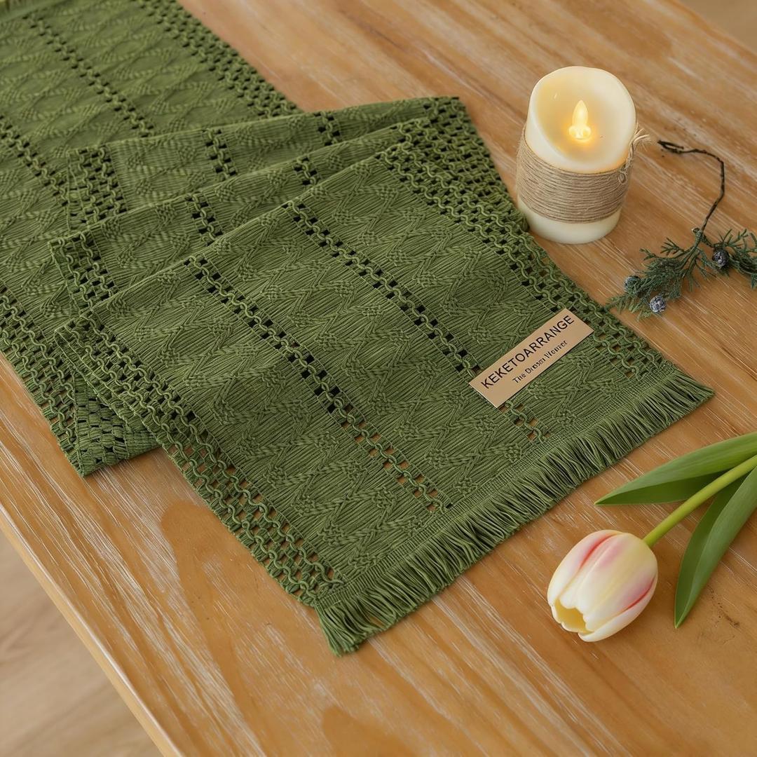 Keketoarrange Boho Sage Green Table Runner for Spring Home Decorations 12x72 Inches Farmhouse Small Macrame Woven Burlap Rustic Coffee Dresser Table Runner Dining Kitchen Centerpiece Bohemian Decor