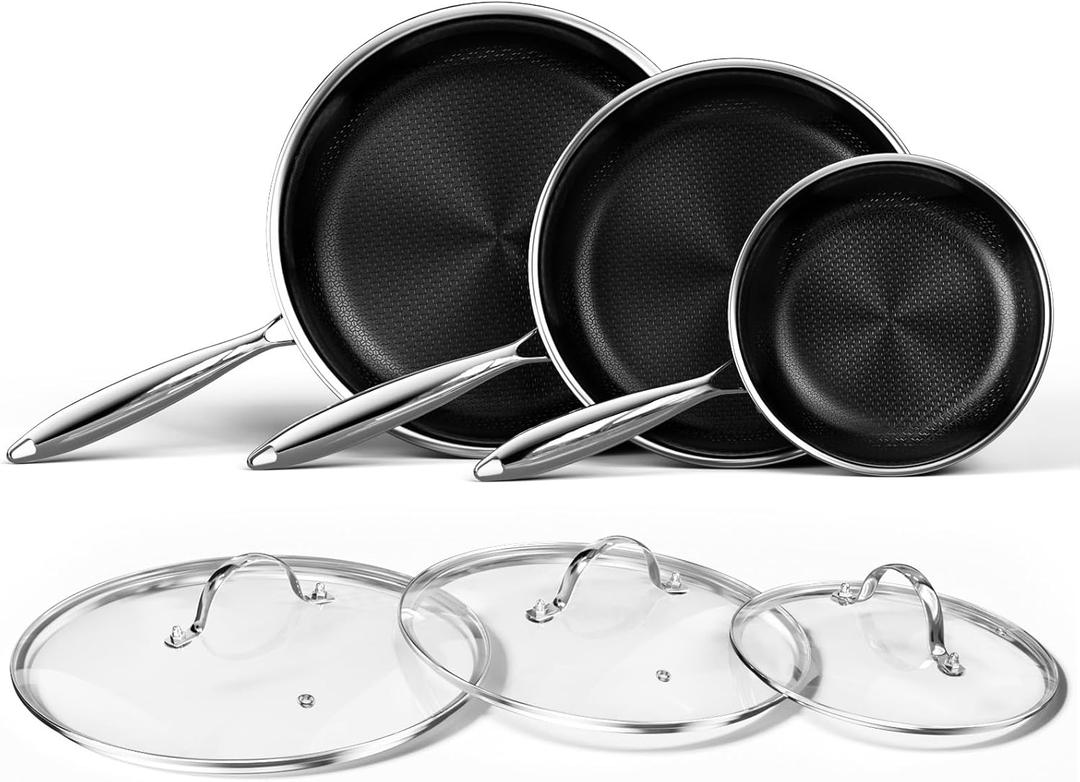 Innerwell Nonstick Titanium Ceramics Stainless Steel Frying Pan Set, 6 Pieces Nonstick Honeycomb Stainless Steel Frying Pan Set, Non Stick Egg Omelet Cooking Pan Set, Induction Compatible, PFAS Free (8Inch+10Inch+12Inch)
