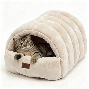 Noocyarn Covered Cat Bed Cave for Indoor Cats, 2-in-1 Enclosed Pet Bed for Small Dogs and Kittens with Zippered Washable Cat Mats, Cat House Bed, Beige