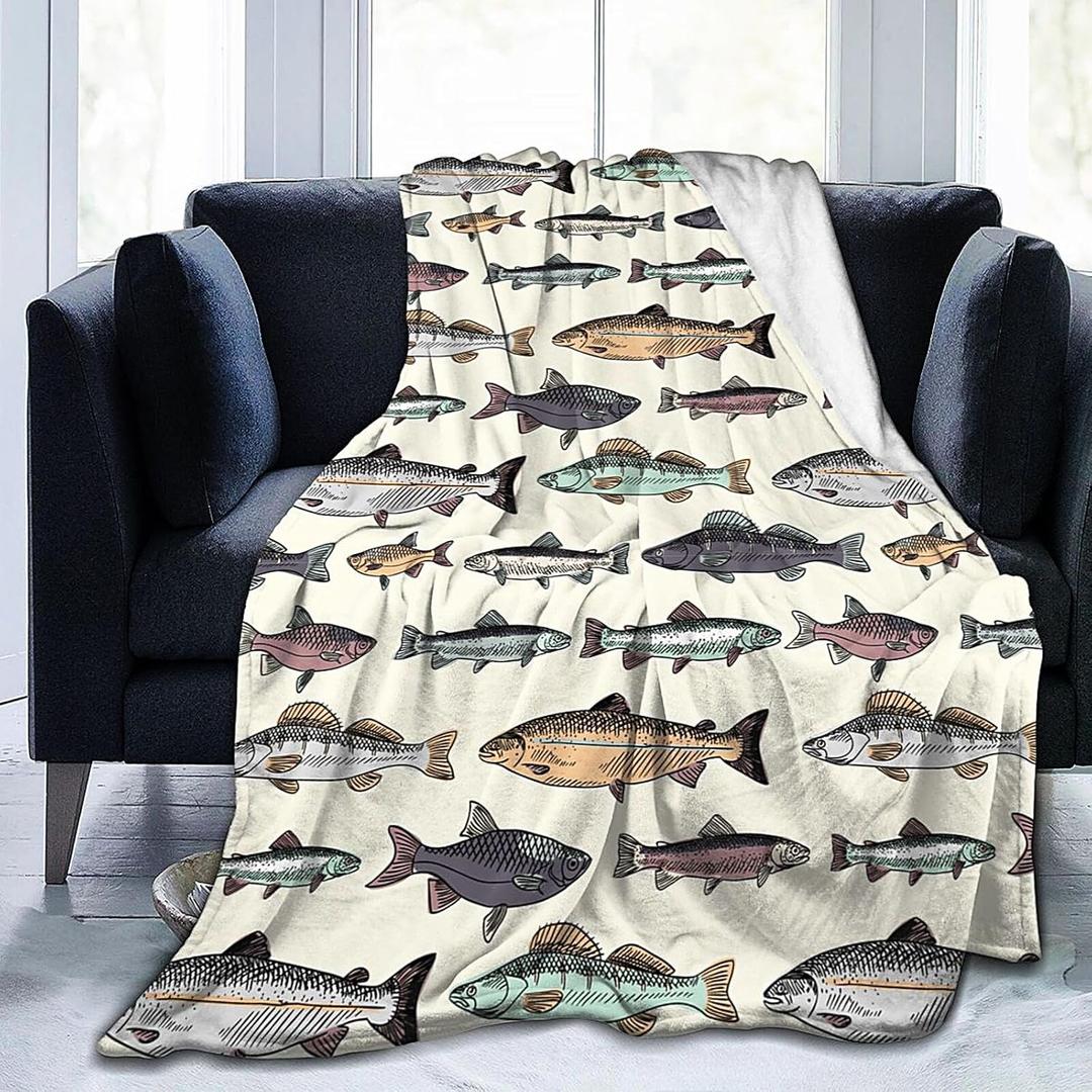 Vintage Fish Blanket Soft Lightweight Throw Blankets Cozy Flannel Bed Throws for Sofa Couch Travel Home Room Bedroom Decor Gifts for Boys Girls Kids Adults 80"x60"