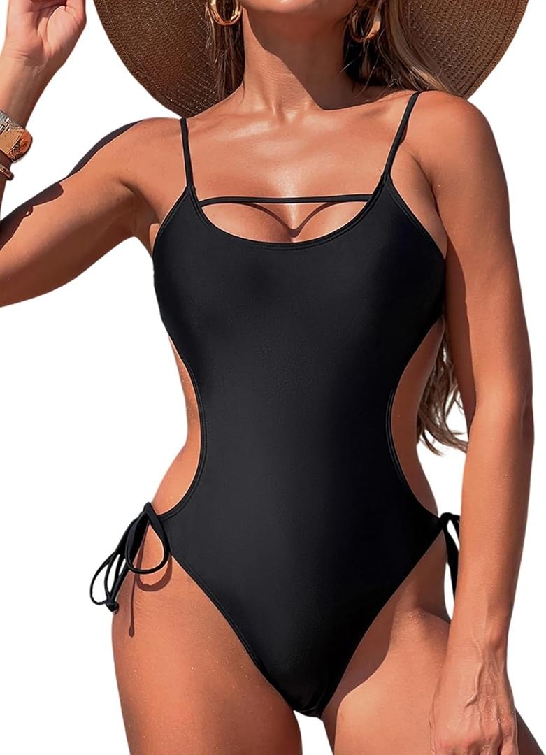 Women's One Piece Swimsuits Cut Out Strap Swimwear Tummy Control Monokini Backless Bathing Suit Sexy (Medium, Black)