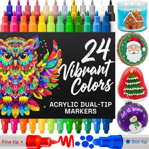 ARTISTRO 24 Acrylic Paint Markers for Rock, Fabric, Wood, Glass, Craft, Decoration - Dual-Tip Paint Pens - Stocking Stuffers, Christmas Gift Idea for Teens, Grandkids, Kids - Art Supplies