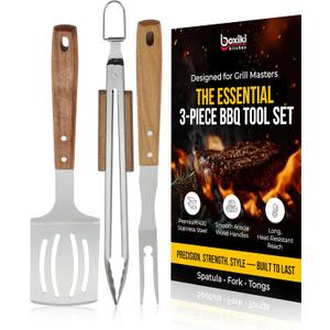 Professional Acacia Wood BBQ Tool Set (3 PCS) - Heavy Duty Stainless Steel Grill Accessories Kit with Spatula, Fork & Tongs - Durable Barbecue Utensils for Outdoor Cooking & Grilling