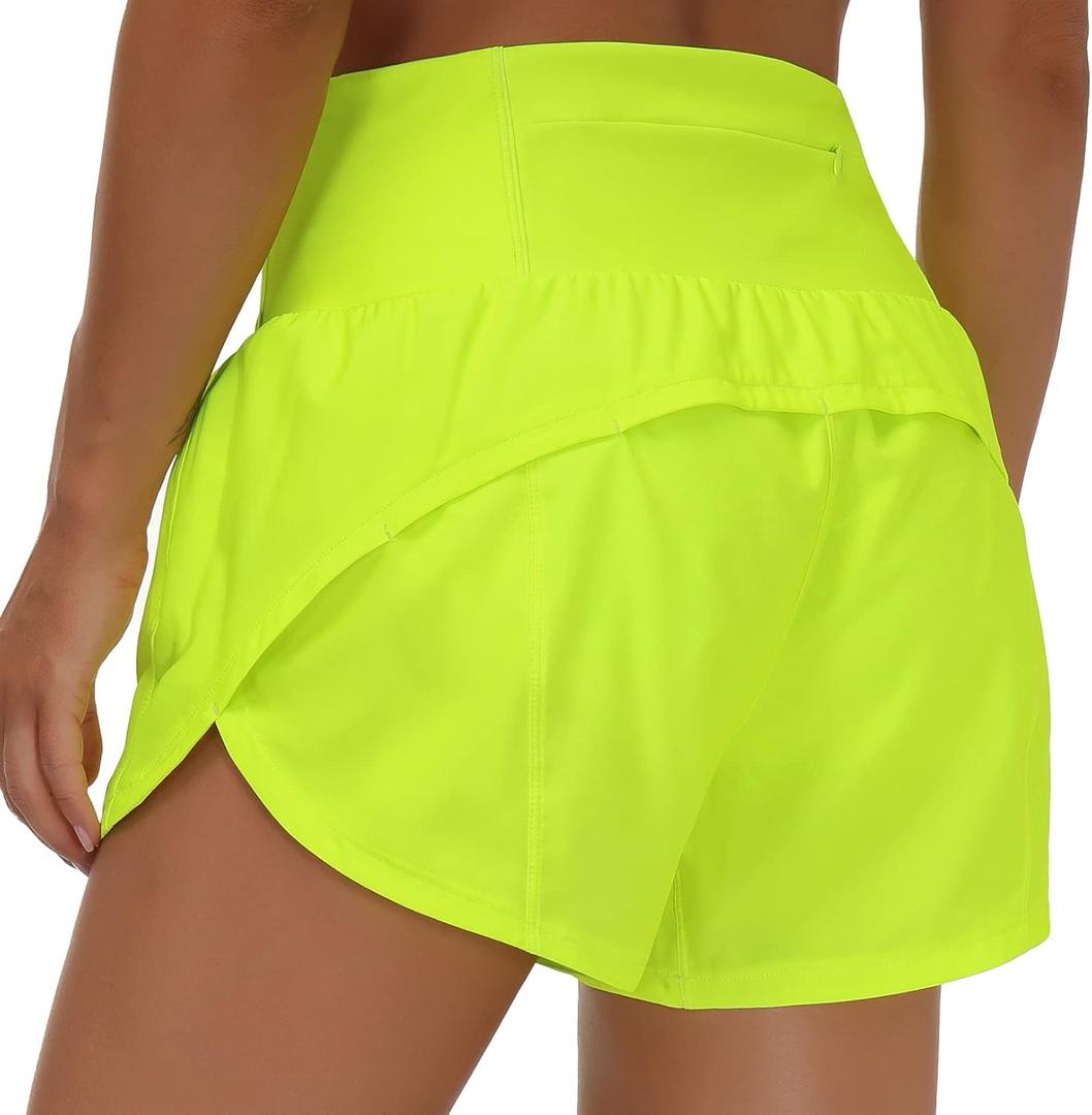 THE GYM PEOPLE Womens High Waisted Running Shorts Quick Dry Athletic Workout Shorts with Mesh Liner Zipper Pockets (Green, L)