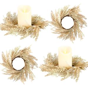 Panelee 4 Pcs Pampas Grass Candle Rings Wreath Faux Pampas Grass Candleholders 3.9 Inch Small Boho Wreath Artificial Greenery Candle Rings for Wedding Home Decor Fall Tabletop Farmhouse Decor