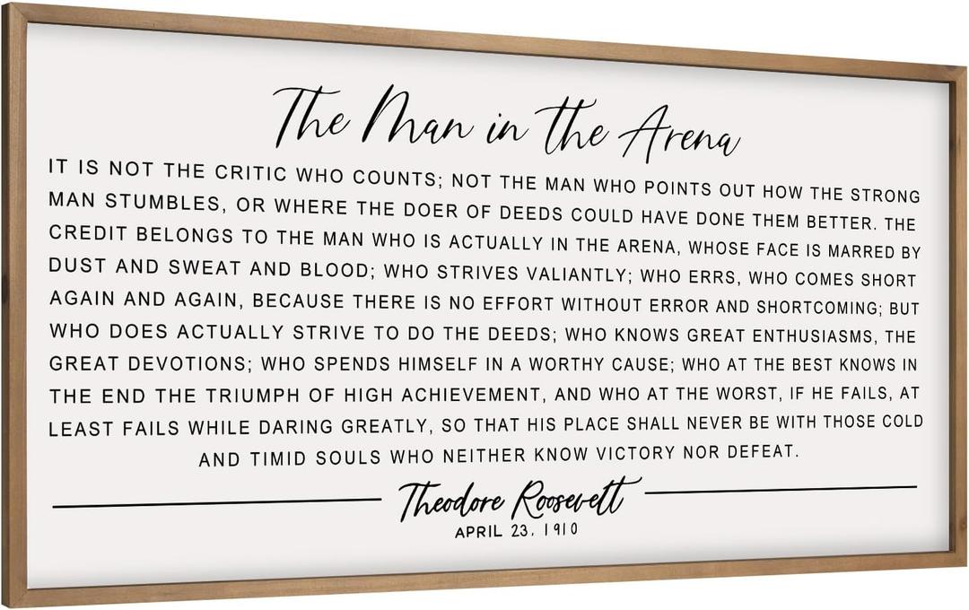 flangairy The Man In The Arena Wall Art Framed 32.3x16.5inch, Wood Motivational Wall Art for Men, Inspirational Office Decor
