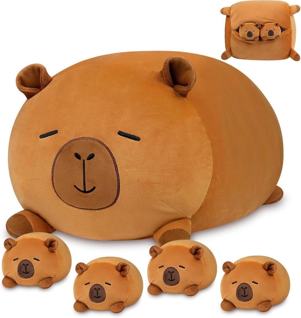Capybara Plush, Soft Stuffed Animal Pillow Toy, Capybara Mommy with 4 Baby Plushies Family Set, Cute Birthday Gift for Kids Boys Girls Adults