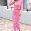 PRETTYGARDEN Women's Spring Fall 2 Piece Sweater Set Rib Knit Long Sleeve Crop Top Maxi Bodycon Skirt Casual Winter Outfits (Pink, M)