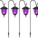 Dynaming 4 Pack Solar Halloween Flame Hanging Lights Outdoor, Flickering Flame LED Garden Lanterns with 4x38 Inch Shepherd Hooks, Landscape Lighting Waterproof for Lawn Yard Pathway Driveway, Purple