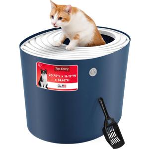 IRIS USA Cat Litter Box Large Top Entry with Lid Enclosed Covered Hooded Design Litter Catching Scatter Shield Pan Dog Proof Pet Proof Scoop Included Odor Control for Indoor Cats Kittens, Navy/White